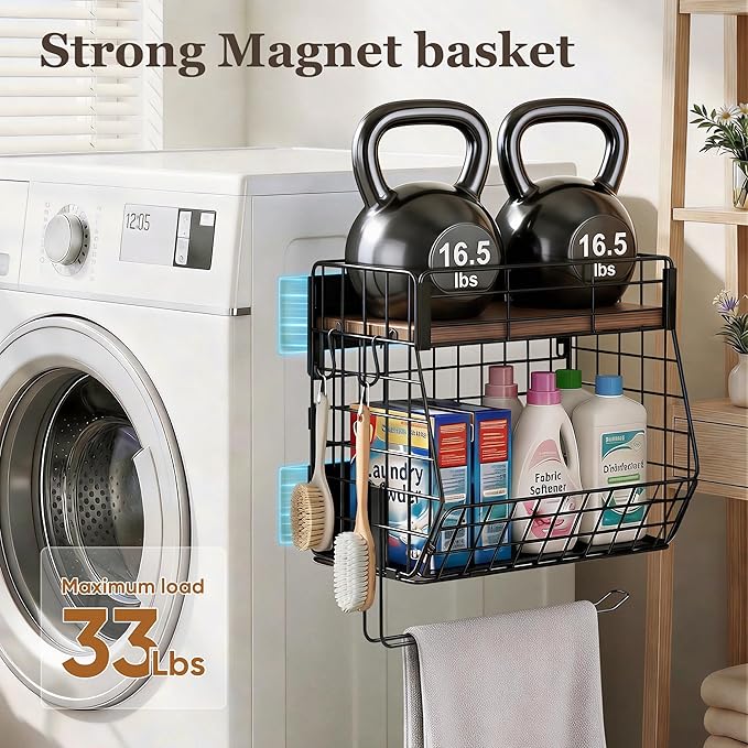 2 Pack Magnetic Spice Rack for Fridge with Paper Towel Holder, Fruit Basket with 4 Hooks for Kitchen Storage and Organizer, Full‑Enclosed Magnetic Shelf 33 lbs for Laundry, Pantry, Coffee Bar and RV