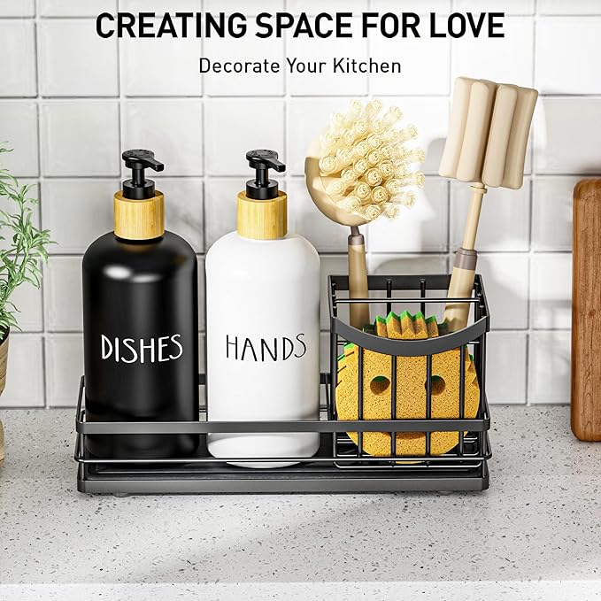 Moforoco Kitchen Dish Soap Dispenser Set, 16OZ Glass Bottle, Hand and Dish Soap Dispenser Set, Instant Dry Tray, Brush Holder with Smiley Face Sponge Holder (Universal Black Tray+Black&White Bottle)
