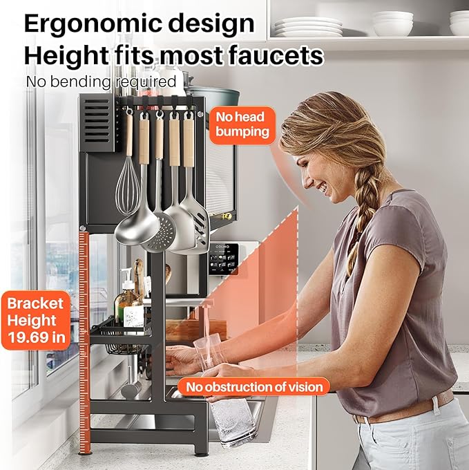 Over The Sink Dish Drainer Drying Rack 3 Tiers with Cover, Keep Kitchen Sink Shlef Organized Space-Saving Dish Drying Rack, Large Stainless Steel Sink Dish Rack for Dishes, Bowls, Cutlery (37.4"w)