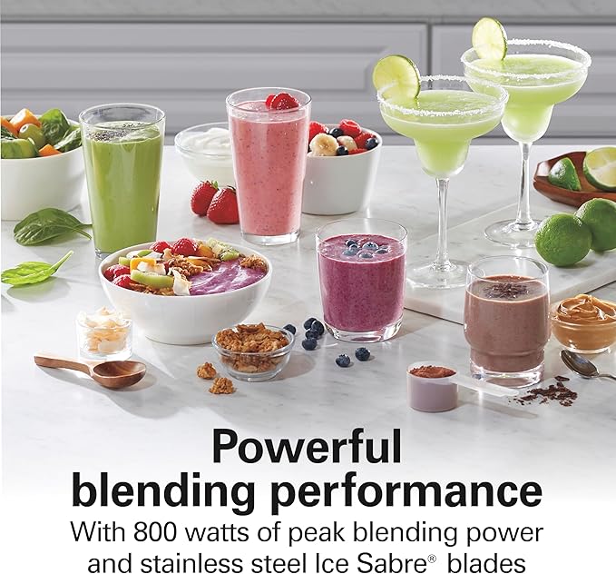 Hamilton Beach Wave Action Blender for Smoothies, Stainless Steel Ice Sabre Blades, 40oz Glass Jar, 20oz Blend-In Portable Travel Jar, 800 Watts, Quiet Design, Silver (58181)