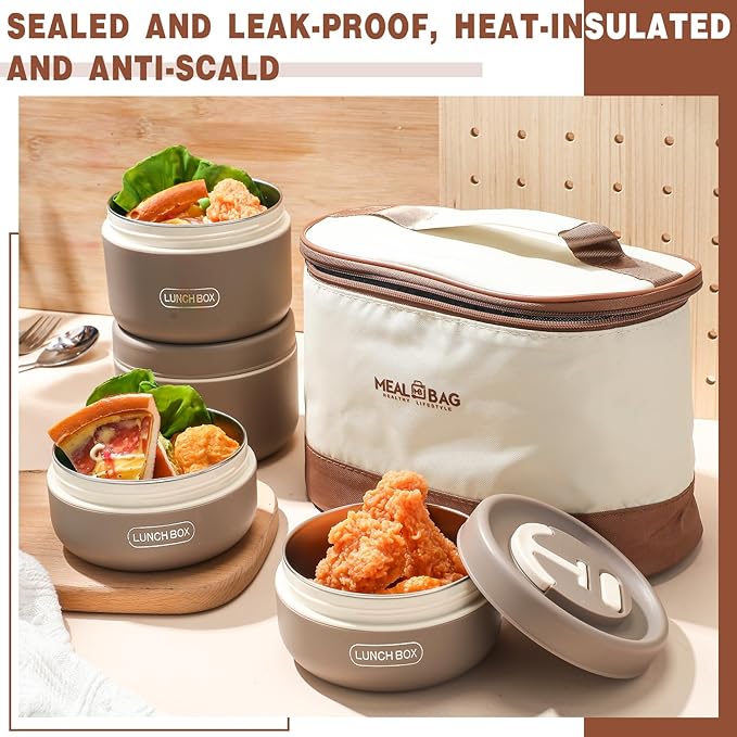 Dandat 4 Pcs Insulated Lunch Container, Portable Bento Box, Stainless Steel Lunch Box, Round Stackable Leakproof Thermal Food Container for Adult Men Women with Insulated Bag, 74 oz(Khaki)