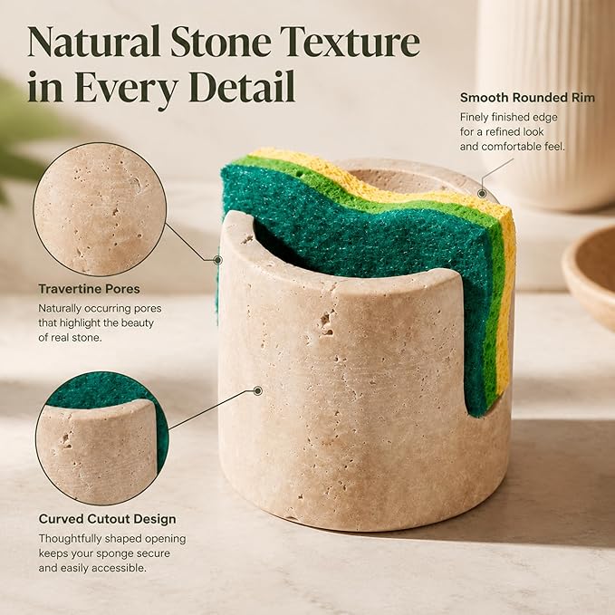 Natural Travertine Sponge Holder for Kitchen Sink - Quick Dry Absorbent Stone Sink Caddy, Non-Slip Rustproof and Aesthetic Beige Marble Stone Sink Organizer