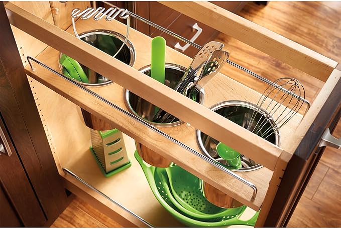 Rev-A-Shelf Maple Pullout Utensil Organizer with 3 Bins & BLUM Soft-Close for Full-Height Base Cabinets, Full Extension Slides, Adjustable Shelves, Min Opening Width of 8.5", 448UT-BCSC-8C