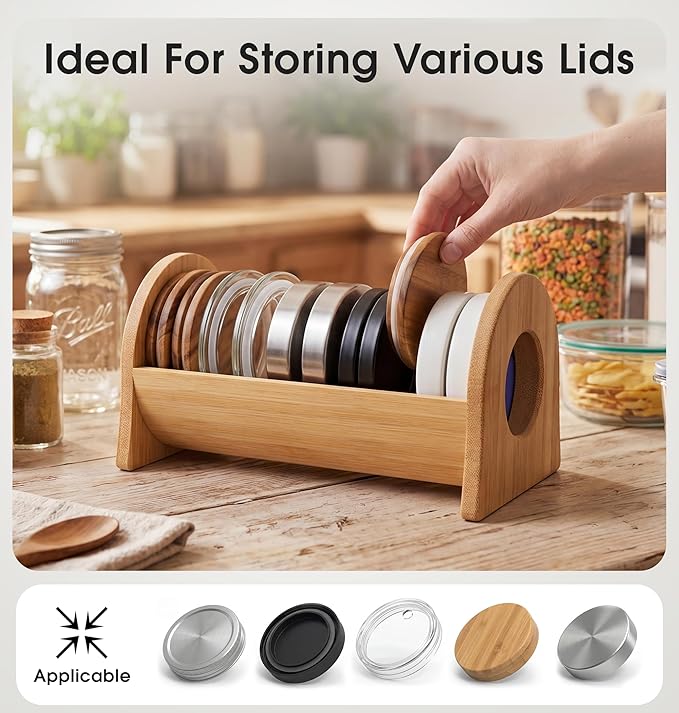 KOCWELL Mason Jar Lid Organizer, 2 Pack Bamboo Storage Holder for Wide & Regular Mouth Lids, Kitchen Countertop Canning Lid Storage