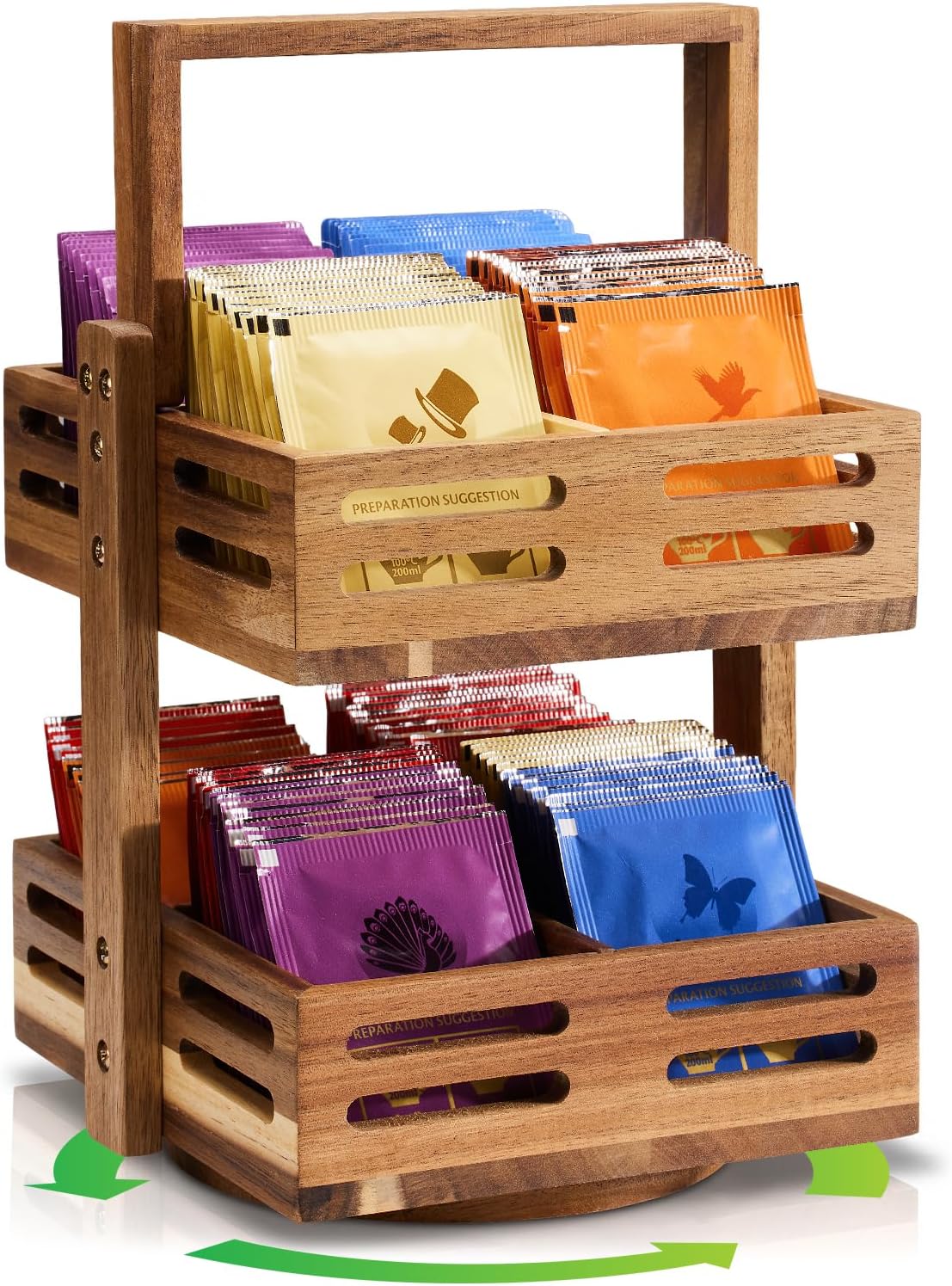 Acacia Wood Tea Bag Organizer, 360° Rotating 2-Tier Storage Holder with 8 Compartments, Holds 80+ Tea Bags for Kitchen Countertop, Tea Station, Home Decor