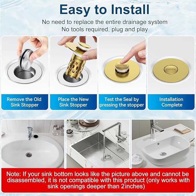 Bathroom Sink Drain Strainer,All Metal Pop-Up Sink Stopper with Removable Stainless Steel Filter Basket, Universal Bathroom Hair Catcher Fit for 1.1-2.36'' Drain (Gold, 2 Pack)