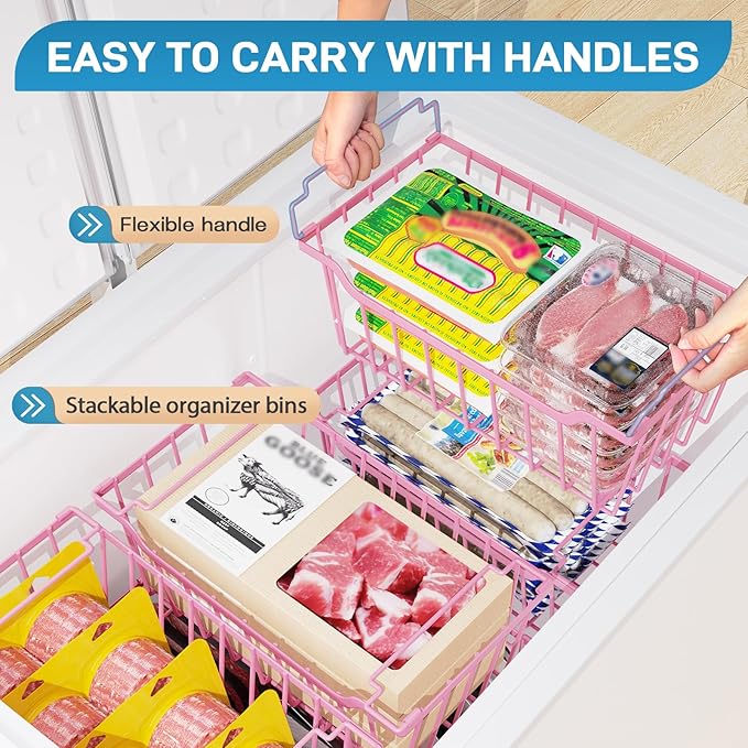 SUNALLY Freezer Organizer Bins, 8 Pack Stackable Chest Freezer Organizer for 5-7 Cu.FT Deep Freezer Sort Frozen Meats and Food, Freezer Storage Baskets with Handles Easy Reach from Bottom, Pink