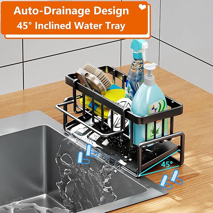 Kitchen Sink Caddy Organizer, Stainless Steel Sink Sponge Holder,45°Tilt Self-Drainage, Sponge Drain Rack with Dish Brush Holder,Removable Dishcloth Rack for Kitchen Storage Dispenser,Grey