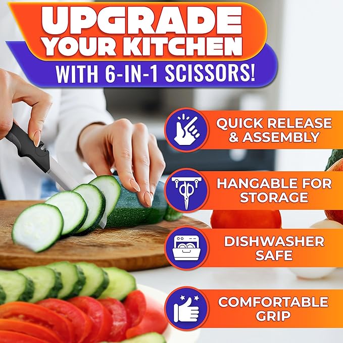 6-in-1 Cutting Board Scissors for Meat & Vegetables - Kitchen Shears Heavy Duty with Built-In Cutting Board, Easy One-Hand Food Prep with Less Mess - Spring-Assist Meat Scissors for Fish & Fruit
