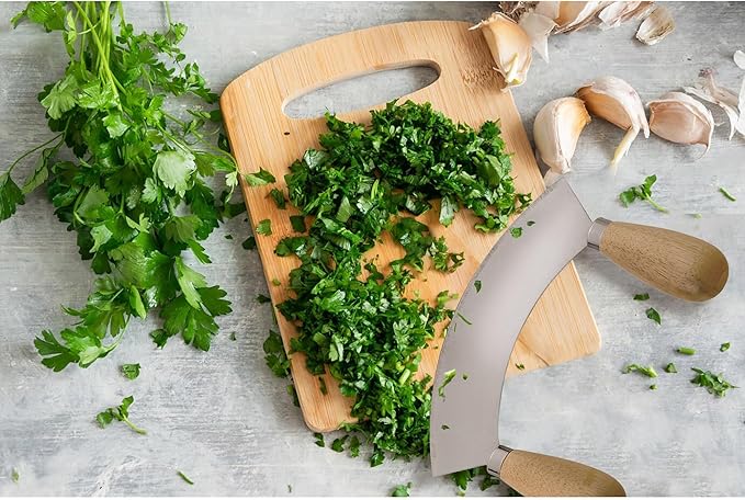 HIC Kitchen Mezzaluna Rocking Chopper And Mincing Knife With Double Handles, Stainless Steel, Rubberwood, For Herbs Vegetables Nuts And More