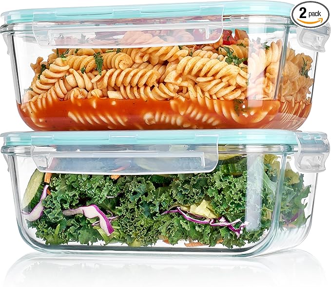 Vtopmart 2Pack 1860ml/63oz Large Glass Containers Food Storage with Lids, Meal Prep Food Container Set with Snap Airtight Lid for Baking, Microwave, Oven, Leak Proof, for Freezer, Dishwasher, Green