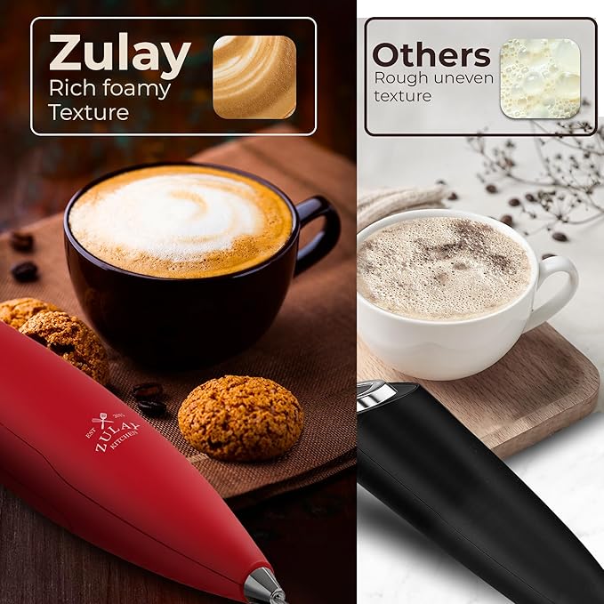 Zulay Kitchen Powerful Milk Frother Wand With Duracell Batteries - Ultra Fast Handheld Drink Mixer - Electric Whisk Foam Maker for Coffee, Lattes, Cappuccino & Matcha - Triple Whisk - Maroon Red