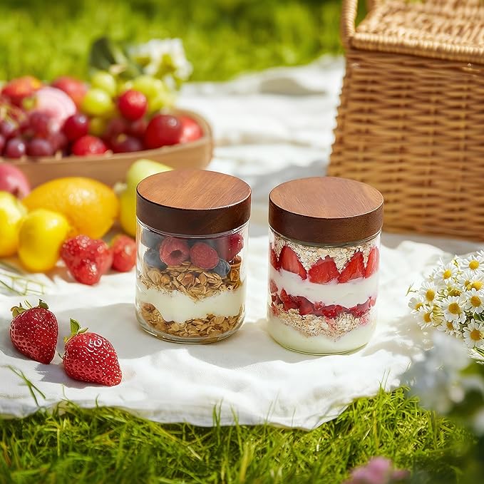 Danmu 16 oz Overnight Oats Containers with Lids,Salad Jar,Glass Jar with Wooden Lid 6 Pack,Mason Jars 16 oz with Lids for Snack,Overnight Oats,Meal Prep,Yogurt,Parfait,Soup,Salad 100% Leak-proof