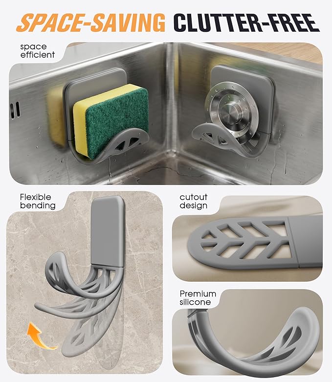2Pack Sponge Holder for Kitchen Sink, Strong Self-Adhesive Sink Caddy Soap Holder, Silicone Rustproof for Sponges, Brushes, Stoppers, Razo, Flexible-2.9" x 4.92" (Grey)