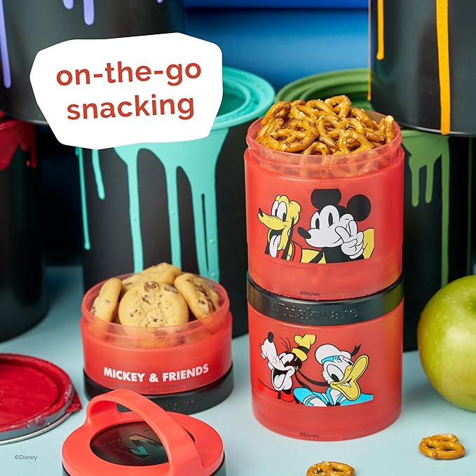 Whiskware Disney Mickey Mouse and Friends Stackable Snack Containers for Babies, Toddlers, and Kids, 3 Stackable Snack Cups for School and Travel, Cupholder Friendly, Classic!