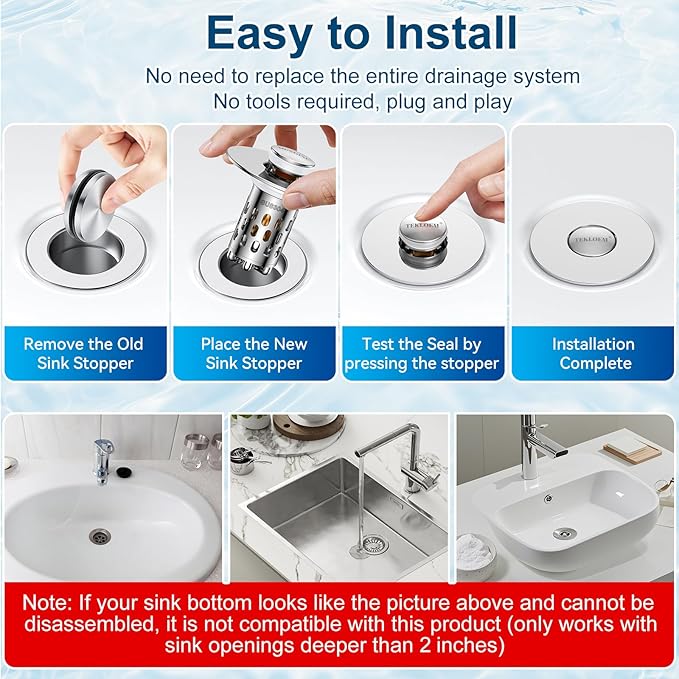 Bathroom Sink Drain Strainer,All Metal Pop-Up Sink Stopper with Removable Stainless Steel Filter Basket, Universal Bathroom Hair Catcher Fit for 1.1-2.36'' Drain(Silver, 1 Pack)