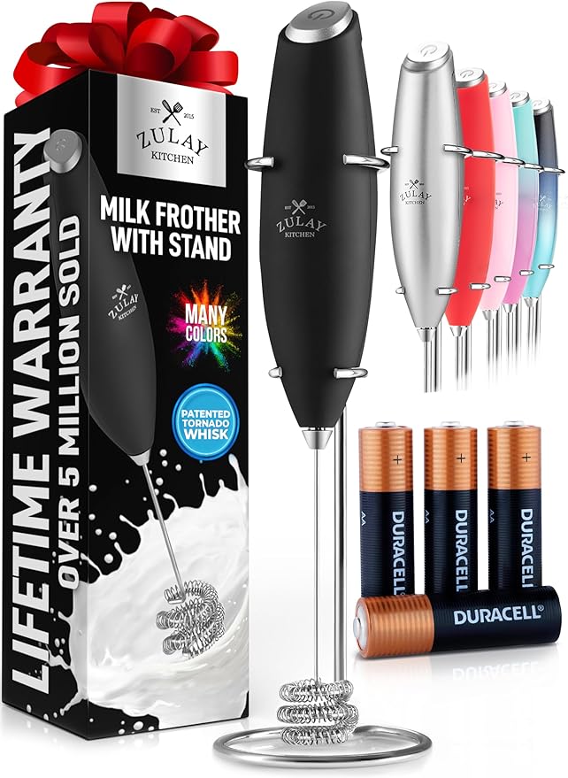Zulay Kitchen Powerful Milk Frother Wand With Duracell Batteries - Ultra Fast Handheld Drink Mixer - Electric Whisk Foam Maker for Coffee, Lattes, Cappuccino & Matcha - Triple Whisk - Black