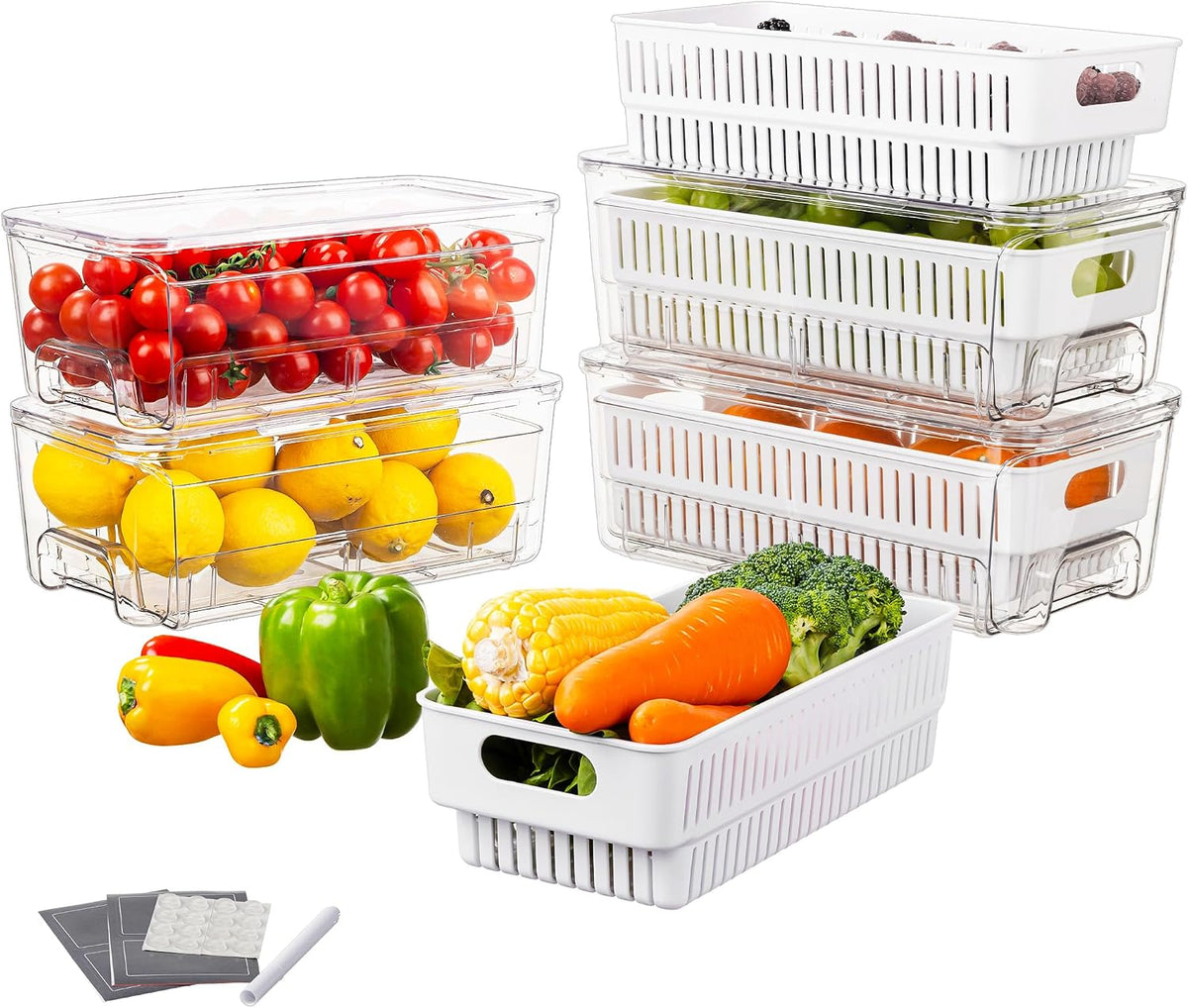4-Pack Fruit Storage Containers for Fridge, Pull-Out Drawers with Colanders