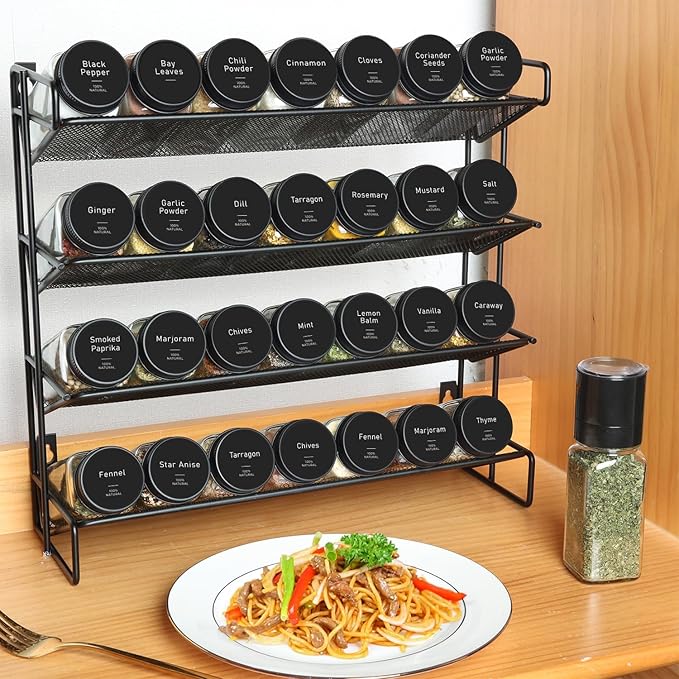 ComSaf 15Pcs 4oz Glass Spice Jars with Shaker Lids, 93 Labels, a Handy Funnel, a Pepper Grinder, Empty Spice Containers and Square Spice Bottles for Kitchen and Seasoning