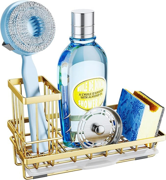 Sink Caddy Kitchen Sink Organizer with Detachable Brush Holder, Gold