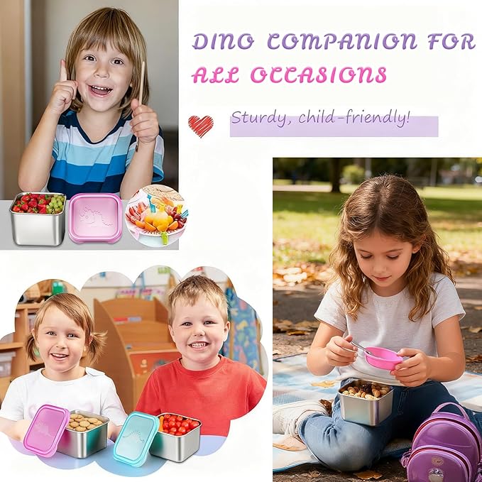 Tanjiae 6-Pack Small (6 oz) Stainless Steel Snack Containers for Kids, Easy-Open Toddler Snack Containers with Lids - Cute Dinosaur Small Stackable Metal Lunch Box for Daycare, School, Travel