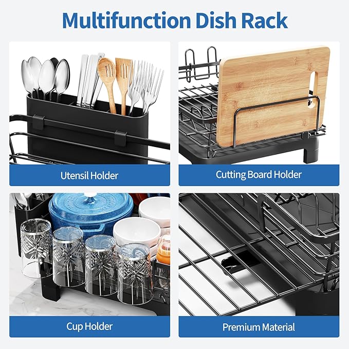 TOOLF Dish Drying Rack - Expandable Dish Rack, Large Capacity Dish Drainer for Kitchen Counter, Stainless Steel Dish Strainer with Cups Holder & Utensil Holder,Black