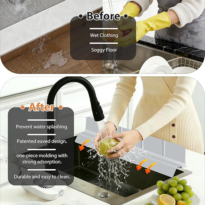 23Inch Sink Splash Guard – Extended Length & Tall Silicone Kitchen Sink Splash Guard with Overhang Drainage Design, High Splash Wall & Strong Suction Cups for Countertop (Grey, 23''x3.5'')