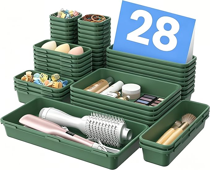 A-LuGei 【Military Grade Drawer Organizer, 【𝟱𝗦𝗶𝘇𝗲】 Makeup organizer, 【Holds 177 Items】 Bathroom Organizers and Storage, Organization and Storage, Desk Drawer Organizer for Vanity (Green)