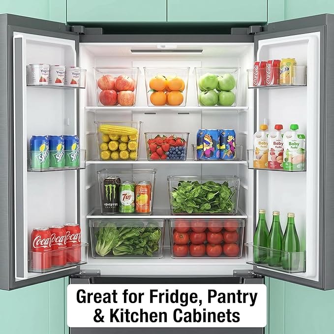 YAN & HIN 8 Pack Clear Storage Bins with Lids, Stackable Plastic Organizer Bins with Handles, Pantry Organizers and Storage for Kitchen Cabinet, Fridge, Bathroom, Closet and Shelf Organization