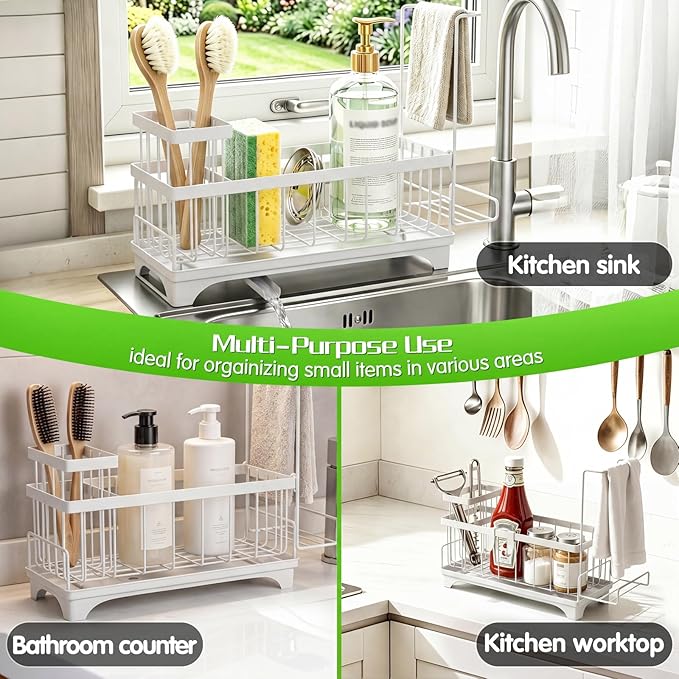 VOOWO Sponge Holder for Kitchen Sink, Compact Sink Caddy with Detachable Brush Holder and Towel Rack, Stainless Steel Kitchen Sink Organizer for Dish Sponge, Soap Dispenser Storage Accessories (White)