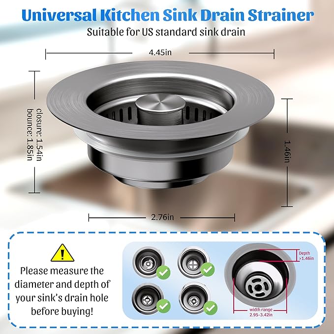 NinjaTiger Kitchen Sink Drain Strainer - 3-in-1 Stainless Steel Pop Up Sink Stopper Anti-Clogging Sink Strainer Basket Sink Drainer Filter Plug for US Standard 3-1/2'' Sink Drain | Gunmetal Gray