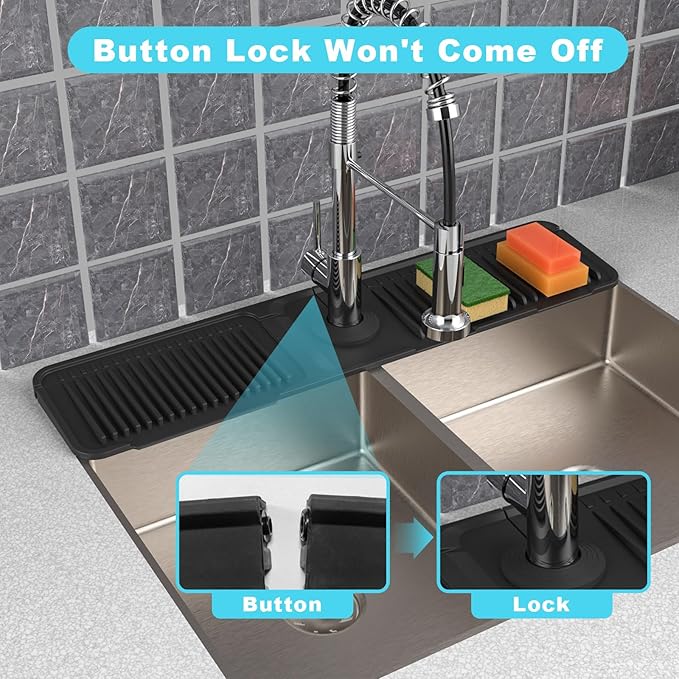 Folding faucet mat for kitchen sink-sink splash guard behind faucet-silicone kitchen faucet mat-faucet draining mat of sink accessories with button lock