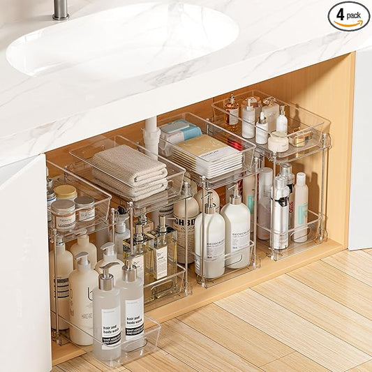 Vtopmart 4 Pack Higher Bathroom Organizer, 2 Tier White Under Sink Organizers Vanity Countertop Storage Container,Cabinet Drawers Bins, Pull-Out Organization with Track for Pantry, Kitchen