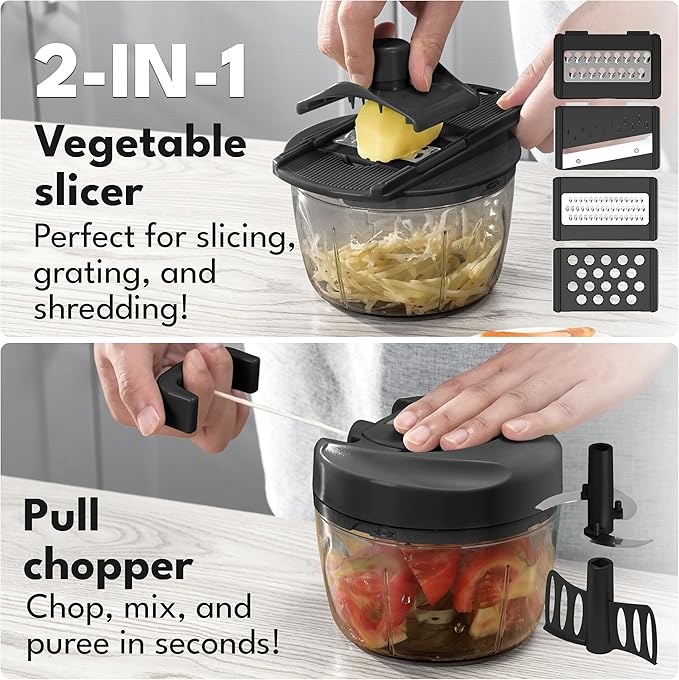 LEBENLANG Manual Food Processor & Onion Chopper - 26 OZ incl. Useful Acessory I BPA-Free I Manual Food Chopper with pull string for garlic & veggie chop I Food mincer vegetable cutter hand pull held