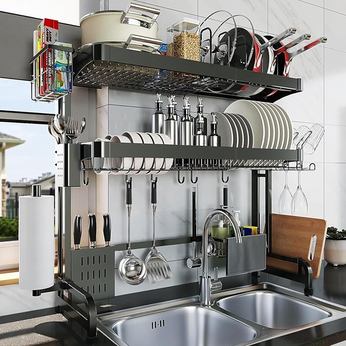 LIVOD Over The Sink Dish Drying Rack,3 Tier Adjustable Length Full Stainless Steel Large Storage Kitchen Dish Rack,for Kitchen Counter Expandable Multifunctional Organizers,Silver (25.5'' to 37.6'')