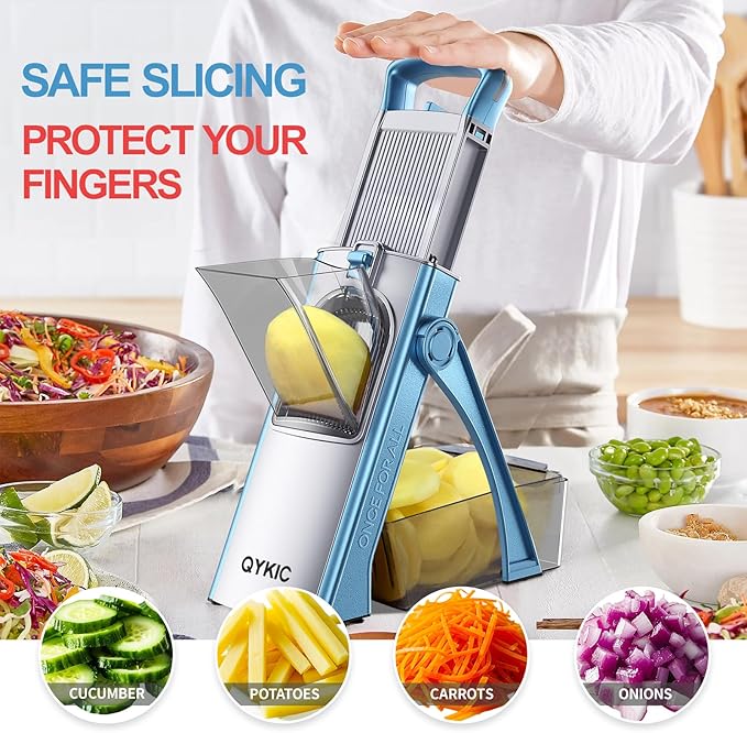 QYKIC Upgrade Safe Mandoline Slicer for Kitchen, Vegetable Chopper and Slicer, Potato Slicer Thickness Adjuster, French Fry Cutter, Veggie Onion Dicer Faster Kitchen Mandolin for Meal Prep (Blue)