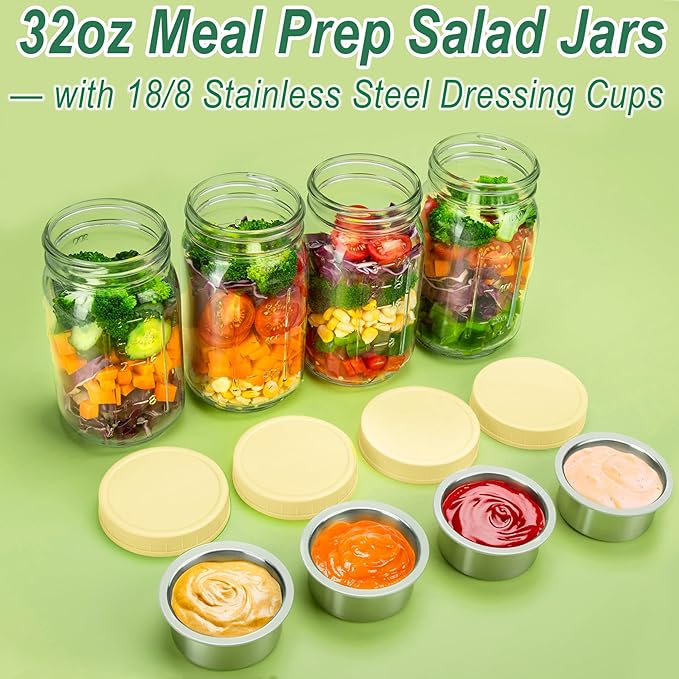 KTKUDY 4 Pack 32 oz Glass Salad Jars with Dressing Cups (Pod) - Meal Prep Salad Container for Lunch - Leakproof Mason Jars with Lids