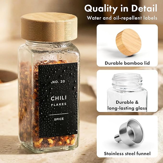 EDELHAUS® Square Spice Jars with Bamboo Wooden Lid (Pack of 36) Spice Jars with Shaker Insert and 240 Labels - Bamboo Lid Glass Container for Spice Organisation [4.3 in × 1.8 in]
