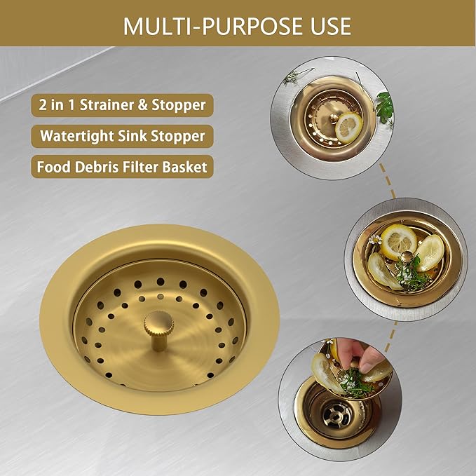 Kitchen Sink Drain Gold Sink Drain Strainer with Fixed Post 3-1/2 Inch Kitchen Drain Assembly with Strainer Basket and Drain Stopper for Standard Kitchen Sink Stainless Steel Brushed Gold