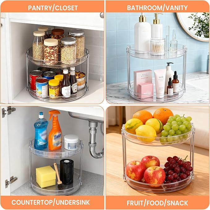 3 Pack 2 Tier Turntable Organizer, 9.6 Inch Clear Rotating Spice Rack for Cabinet, Kitchen, Pantry & Bathroom Countertop, Stackable Rotating Organizer for Medicine, Makeup & Condiments