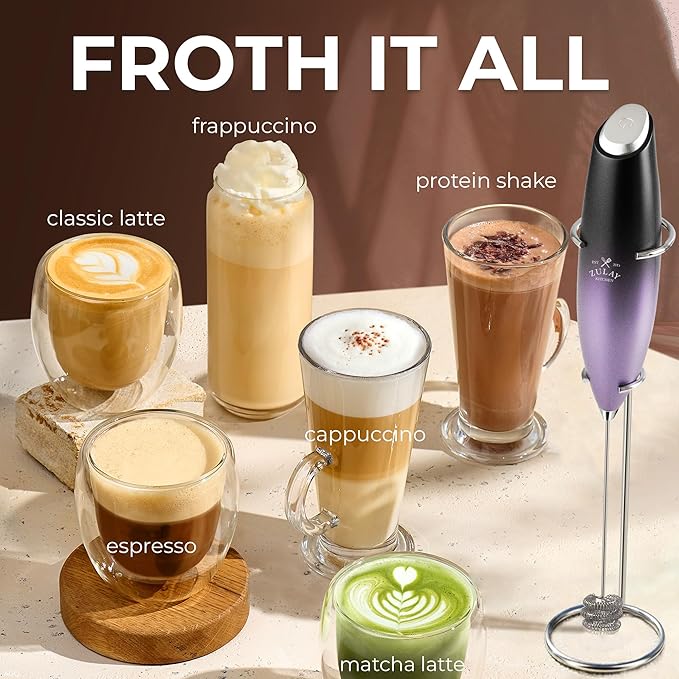 Zulay Kitchen Powerful Milk Frother Wand With Duracell Batteries - Ultra Fast Handheld Drink Mixer - Electric Whisk Foam Maker for Coffee, Lattes, Cappuccino & Matcha - Triple Whisk - Nebula