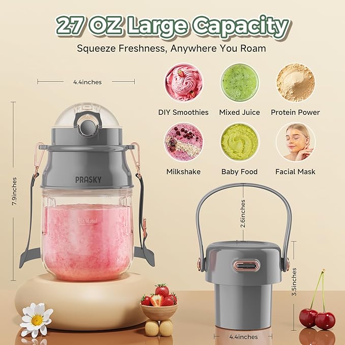 Portable Blender, 27oz Personal Blender for Smoothies & Protein Shakes with 70W Motor & Smart Lock, USB-C Rechargeable, BPA-Free for Travel/Office/Home/Gym Drink Mixer with Strap, Prasky (Light Gray)