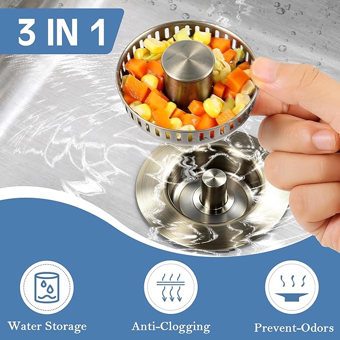 Kitchen Sink Drain Strainer 3 in 1, 304 Stainless Steel Pop Up Sink Stopper, Anti-Clogging Sink Drain Strainer for US Standard Kitchen Drain (Light Bronze)