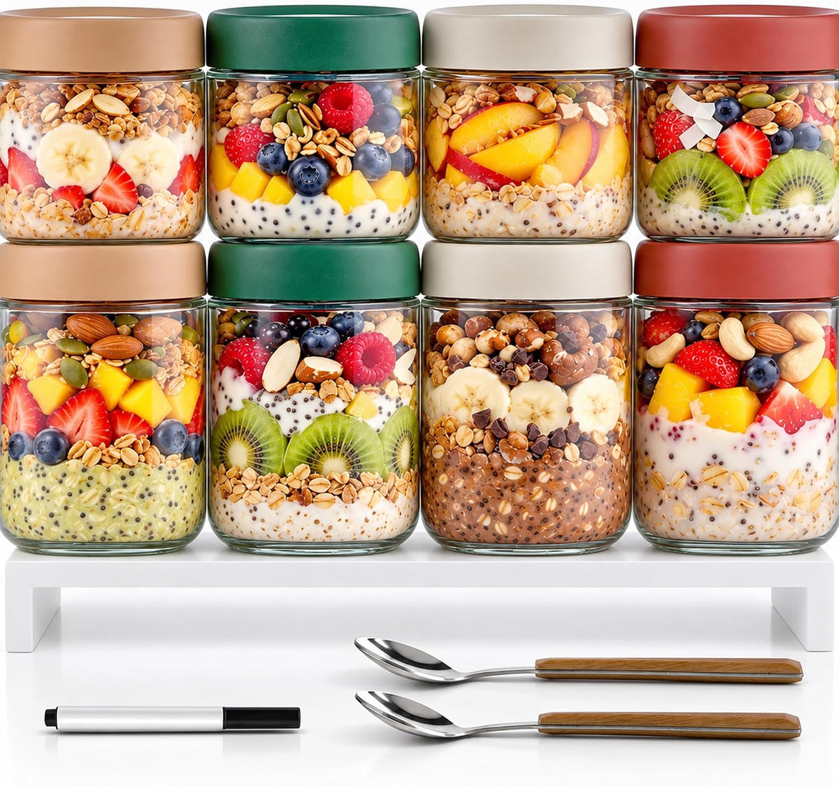 8 Pack Overnight Oats Containers with Lids, Large & Small Glass Mason Jars 16oz & 10 oz, Breakfast Oatmeal Container to Go, Salad Meal Prep Jars for Food Storage, Mush Chia Seed Pudding Jars