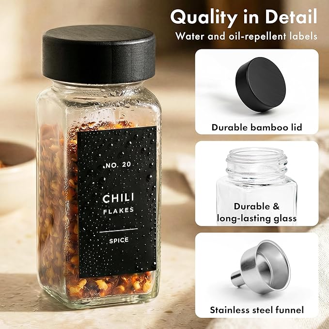 EDELHAUS® Square Spice Jars with Bamboo Wooden Lid (Pack of 24) Spice Jars with Shaker Insert and 240 Labels - Bamboo Lid Glass Container for Spice Organisation [4.3 in × 1.8 in]