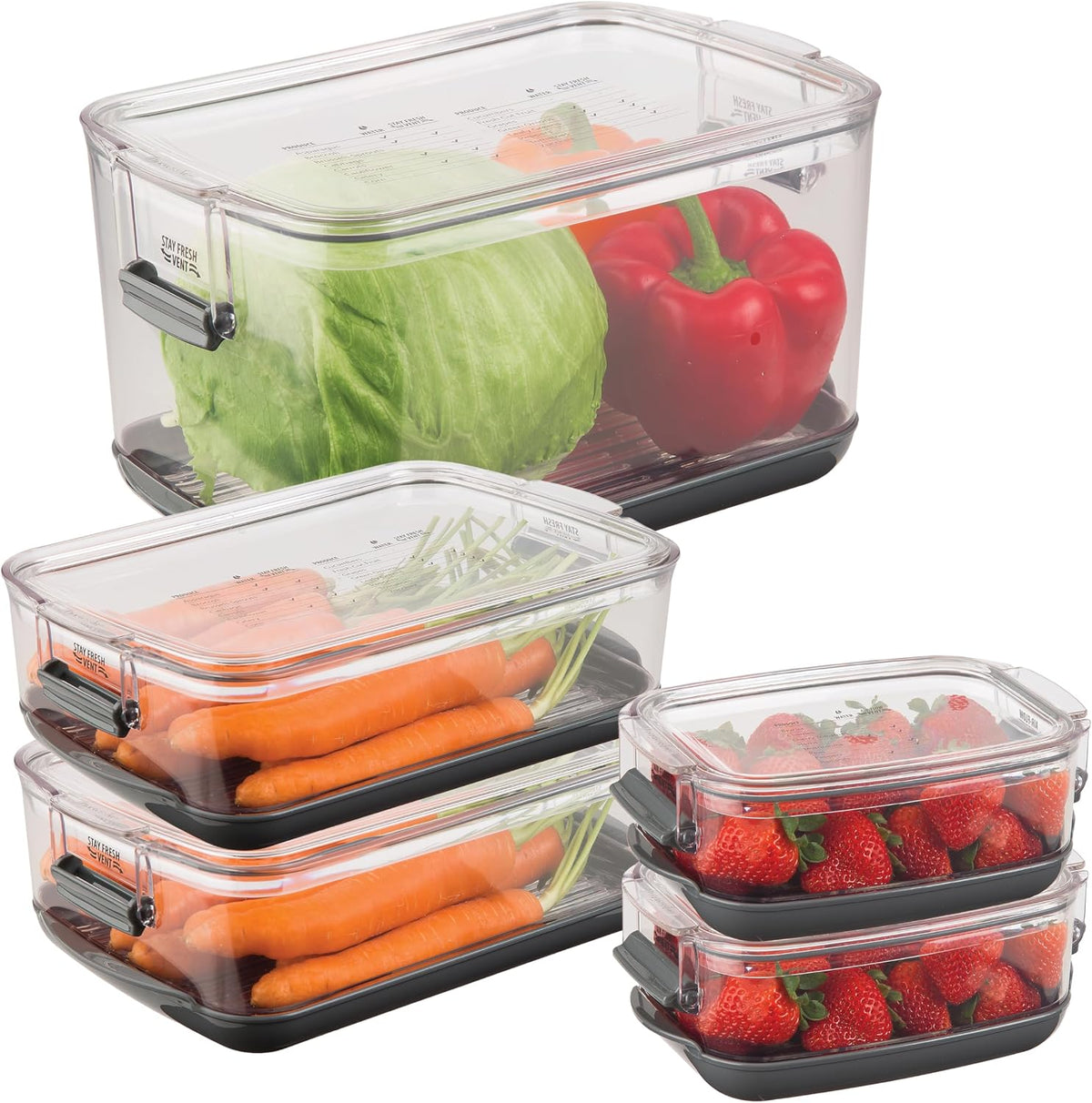 International Prepworks ProKeeper Food Fresh Produce Storage Container Set, 5- Piece, Clear Containers with Gray Sealed Tight Lids