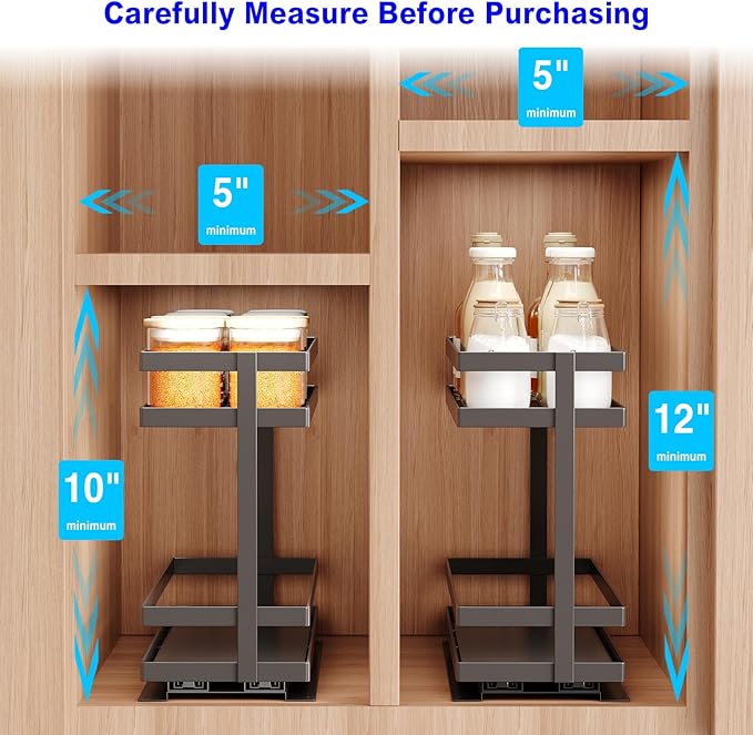 Mustorn Pull Out Spice Rack Organizer for Cabinet, 2 Tier Metal Slide Out Seasoning Organizer and Storage Heavy Duty Vertical Spice Rack Shelf Pullout for Kitchen Cabinets No Drilling(1 Pack, Black)