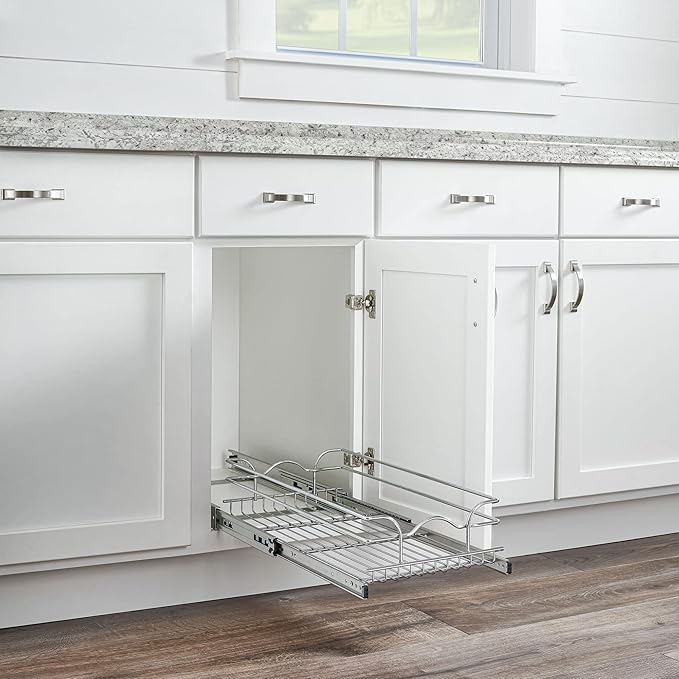 Rev-A-Shelf Steel Wire Pullout Drawer Organizer Shelf for Kitchen Cabinets, Slide Out Storage Basket, Min Opening Width of 11.5" W, 12" x 22", 5WB1-1222CR-1