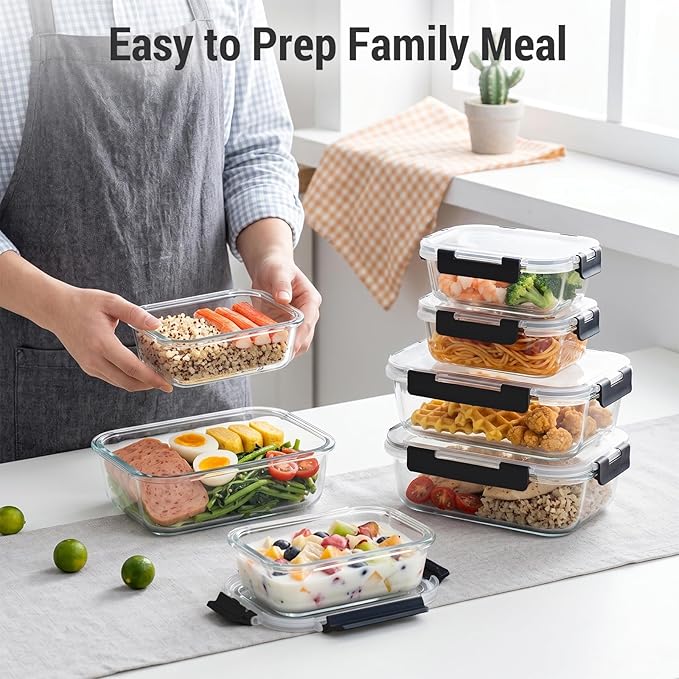 Dealusy 10 Sets (20-Piece) Glass Meal Prep Containers with Lids, Five 36 oz & Five 12 oz Airtight Leak-proof Glass Food Storage Containers with lids, Microwave Oven Freezer Dishwasher Safe, Black