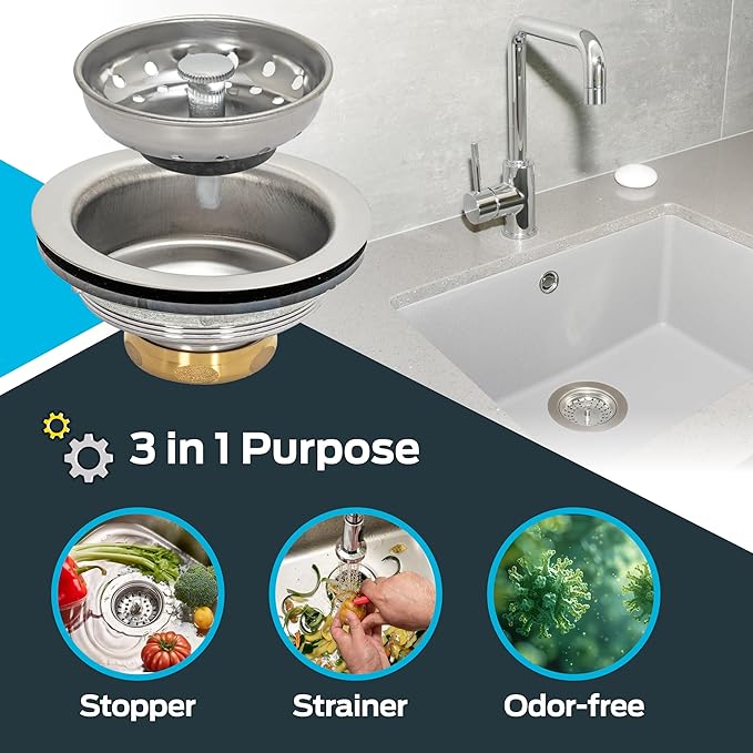 EZ-FLO Kitchen Sink Strainer Fits 3-1/2 Inch Opening, Sink Drain Assembly with Brass Slip-Joint Nut and Fixed-Post Basket, Stainless Steel, 30003